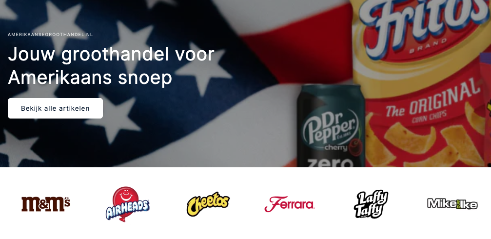 Homepage van AmerikaanseGroothandel.nl met de tekst Jouw groothandel voor Amerikaans snoep en logo's van merken