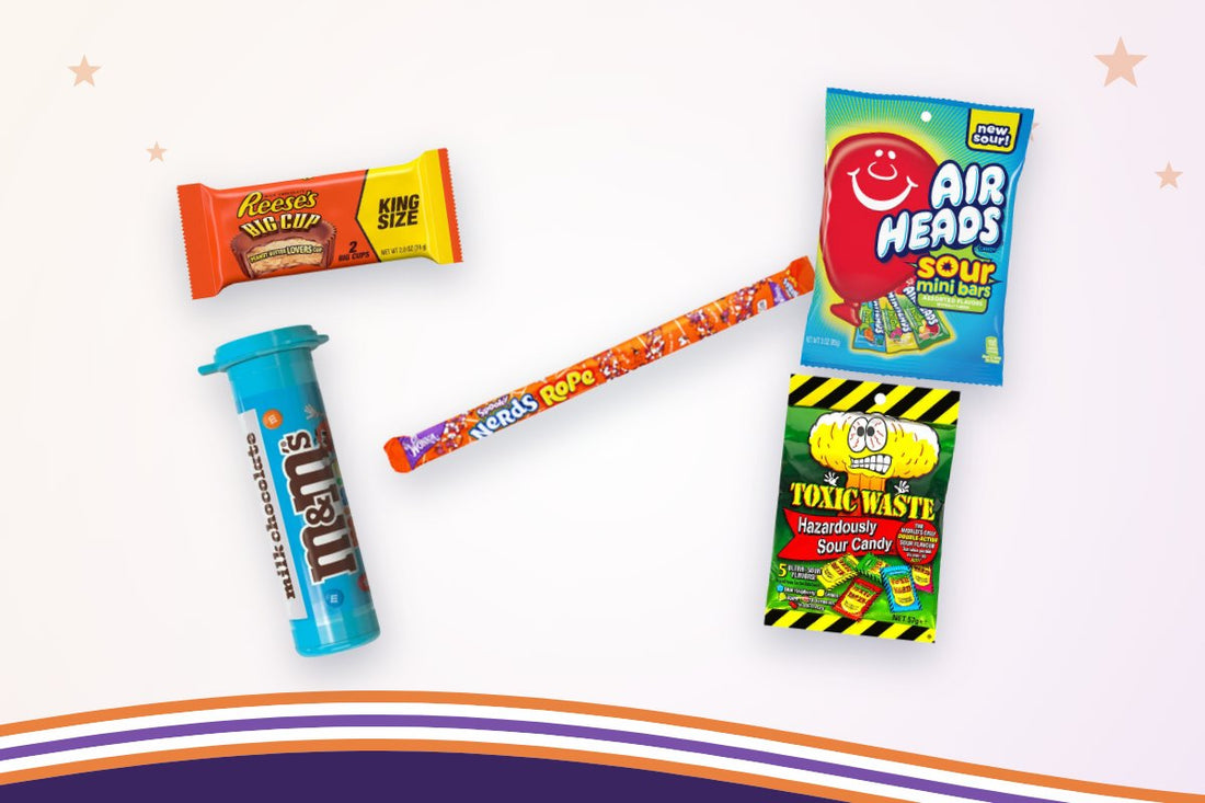 Amerikaans Halloween-snoep: Reese's Big Cup, M&M's Minis, Airheads mini's, Toxic Waste en Spooky Nerds Rope