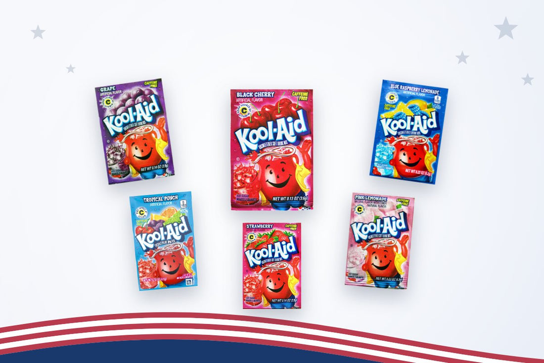 Kool-Aid drankpoeder in zes smaken: Black Cherry, Grape, Blue Raspberry Lemonade, Tropical Punch, Pink Lemonade en Strawberry