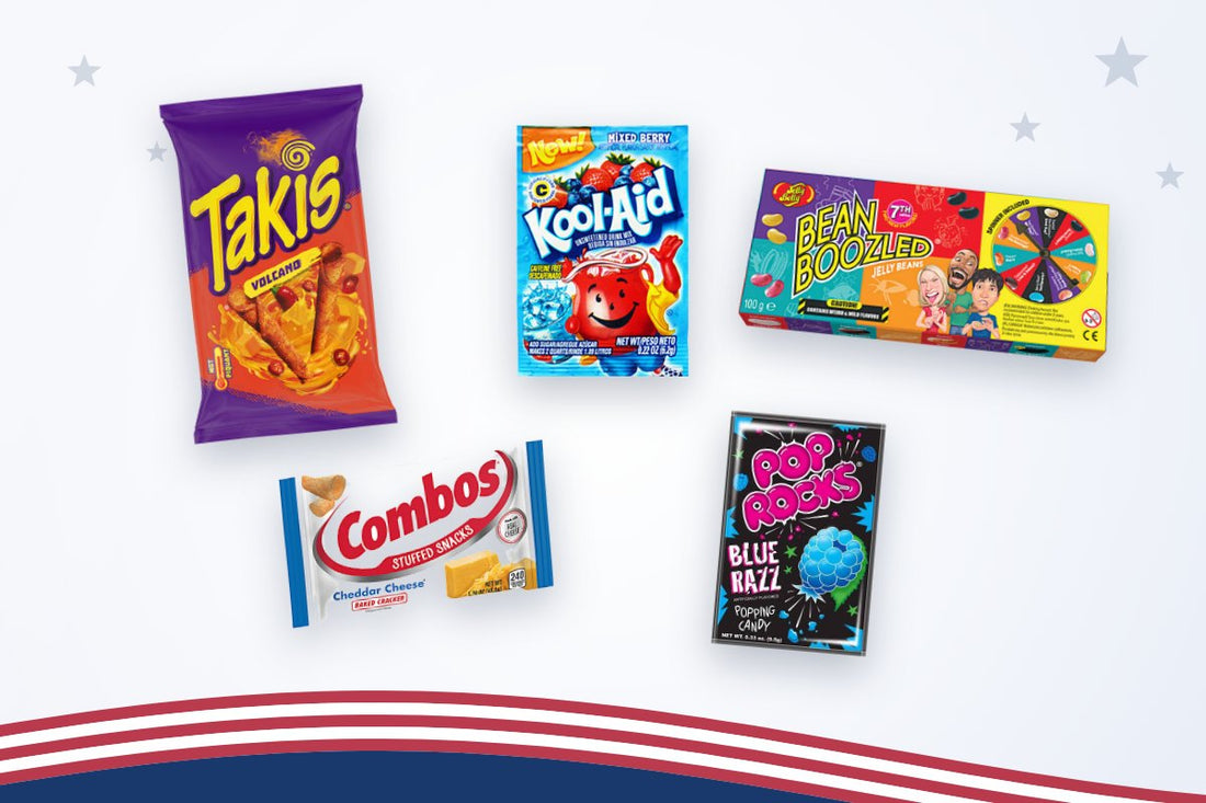 Amerikaans snoep per doos: Takis Volcano, Kool-Aid Mixed Berry, Pop Rocks, Combos en Jelly Belly Bean Boozled