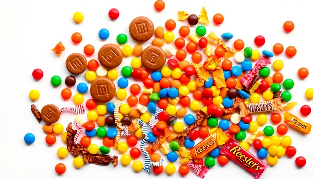 Kleurrijke snoepjes en wikkels van Reese's en Hershey's op een witte achtergrond