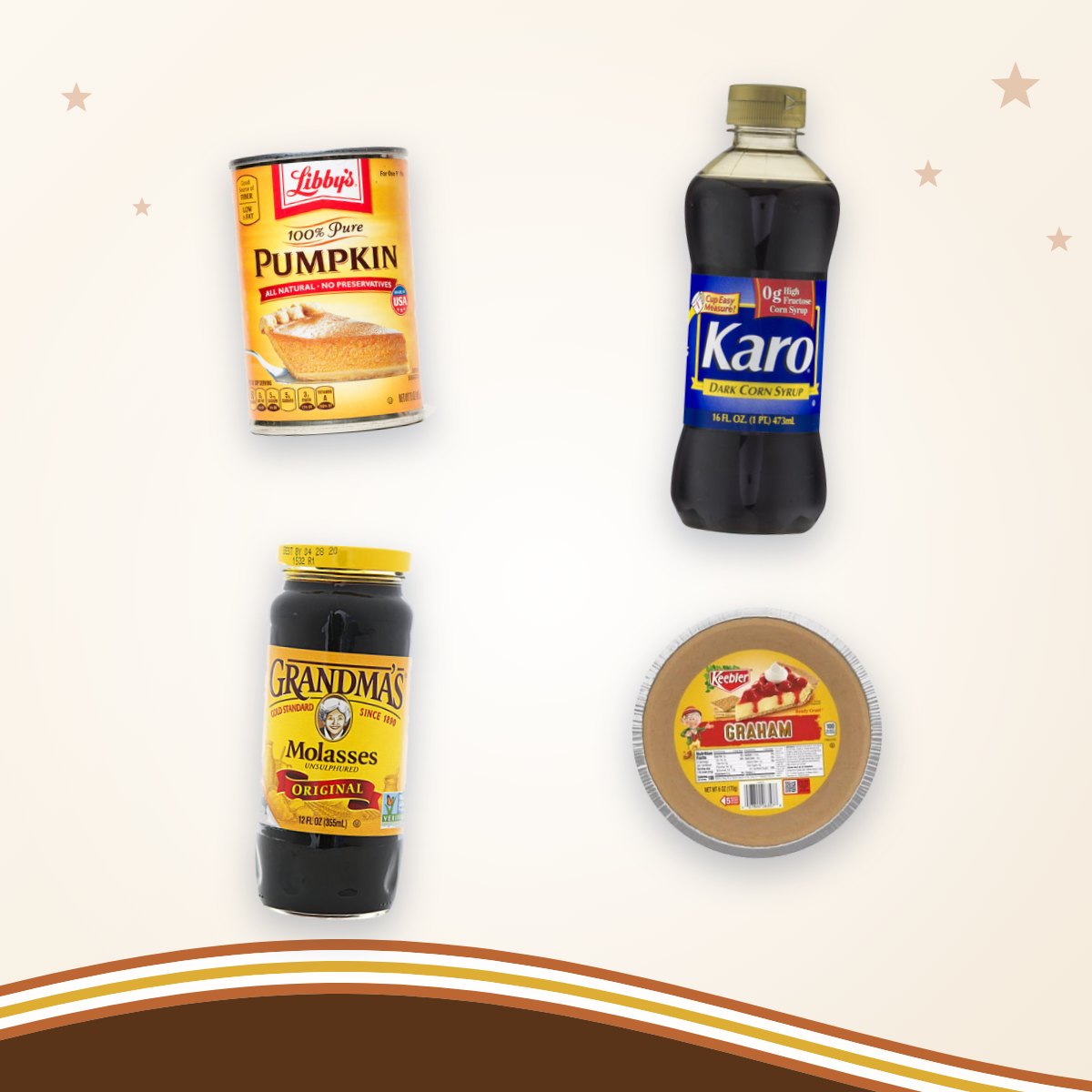 Voor pies en taarten: Libby's Pumpkin, Karo Dark corn syrup, Grandma's Molasses en Keebler Graham pie crust