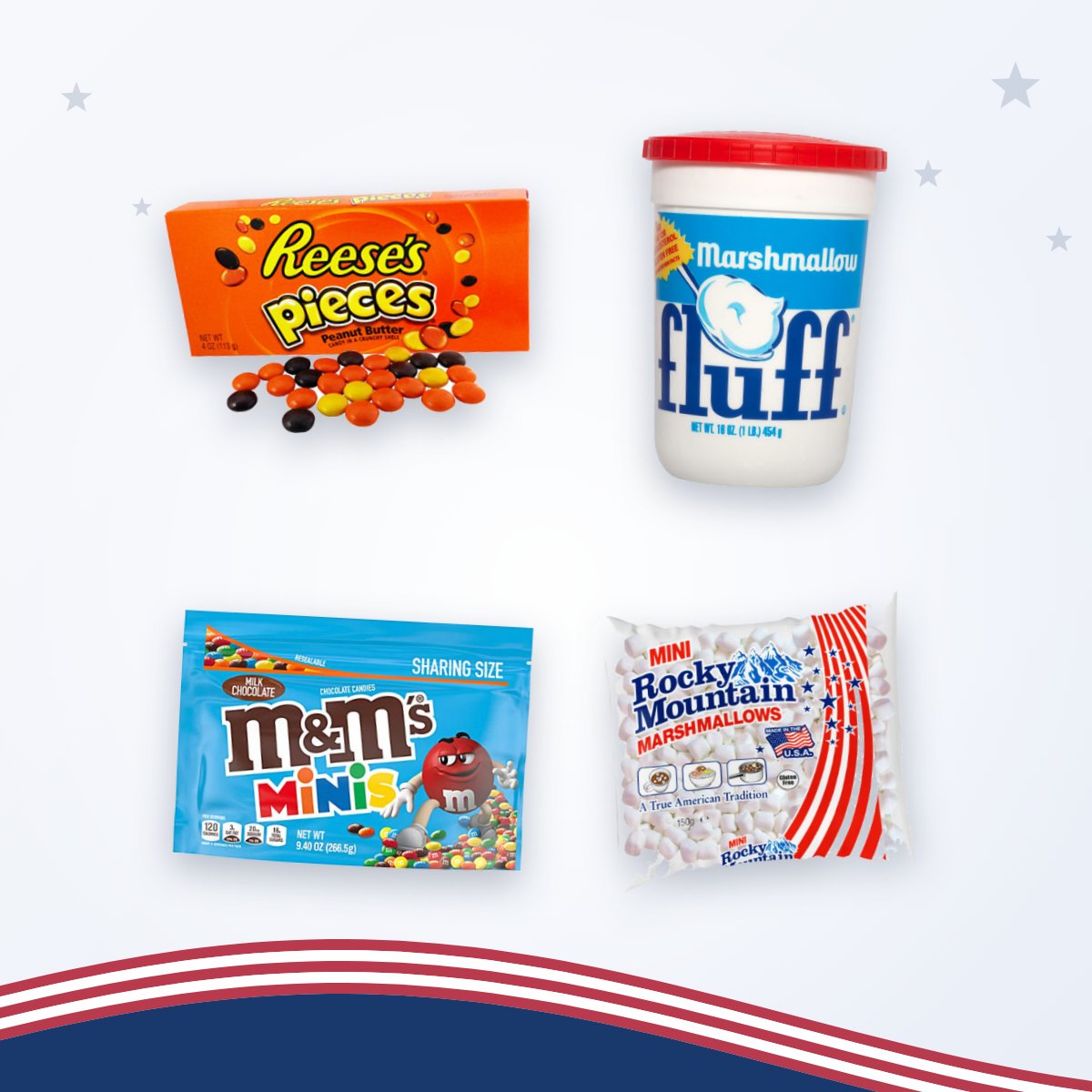 Toppings voor cookies, brownies en freakshakes: Reese's Pieces, M&M's Minis, Marshmallow Fluff en Rocky Mountain mini marshmallows