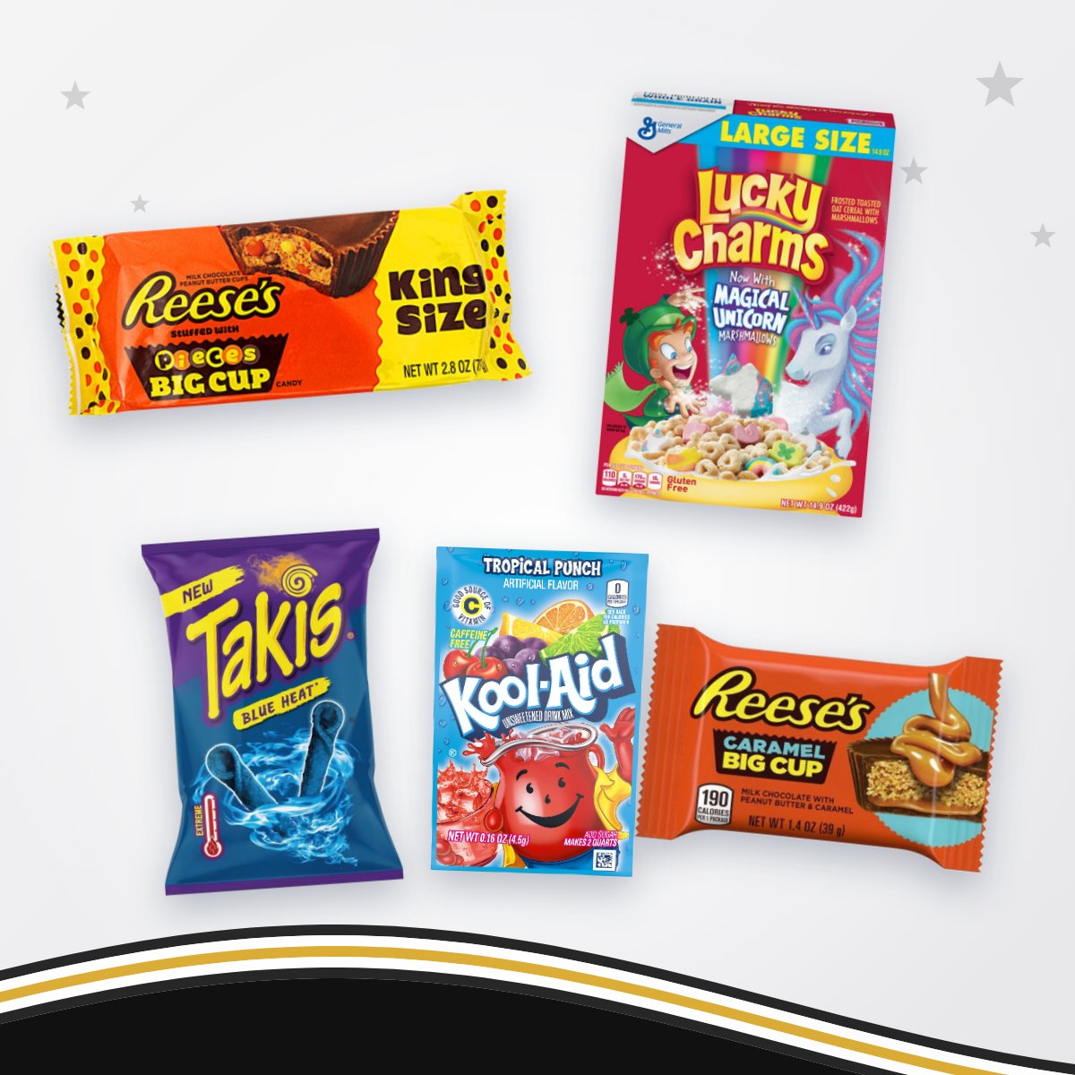 Reese's, Cheetos, Kool-Aid en Lucky Charms per doos
