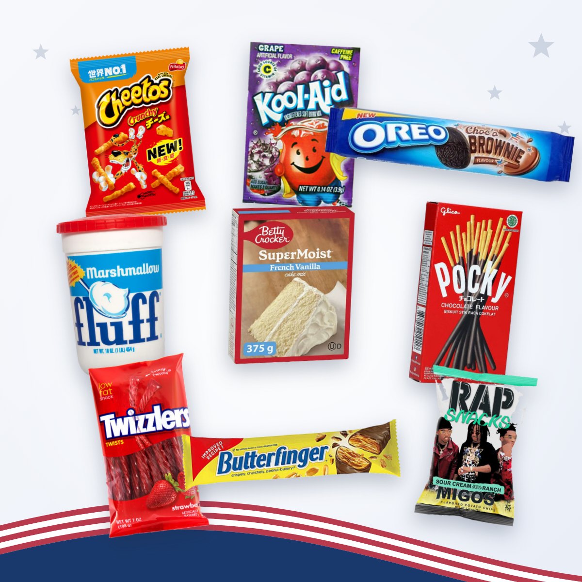 Assortiment Amerikaanse producten: Cheetos, Kool-Aid, Oreo, Marshmallow Fluff, Betty Crocker, Pocky, Twizzlers en meer
