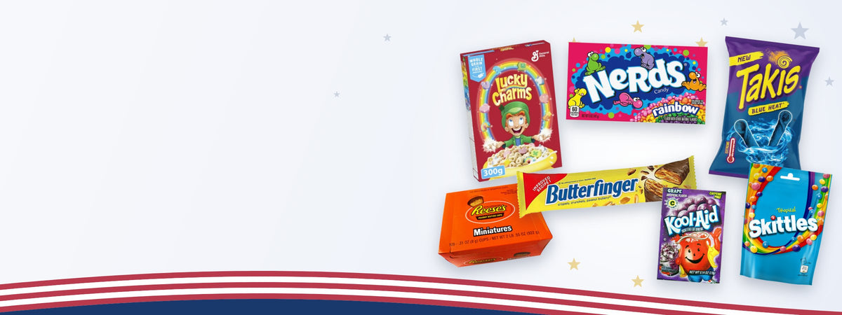 Amerikaanse snoep, chips en ontbijtgranen van o.a. Lucky Charms, Nerds, Takis en Skittles