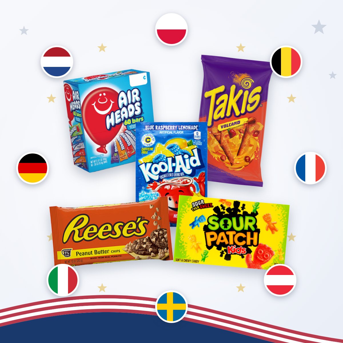 Amerikaanse producten met de vlaggen van Nederland, België, Duitsland, Frankrijk, Italië, Oostenrijk, Polen en Zweden