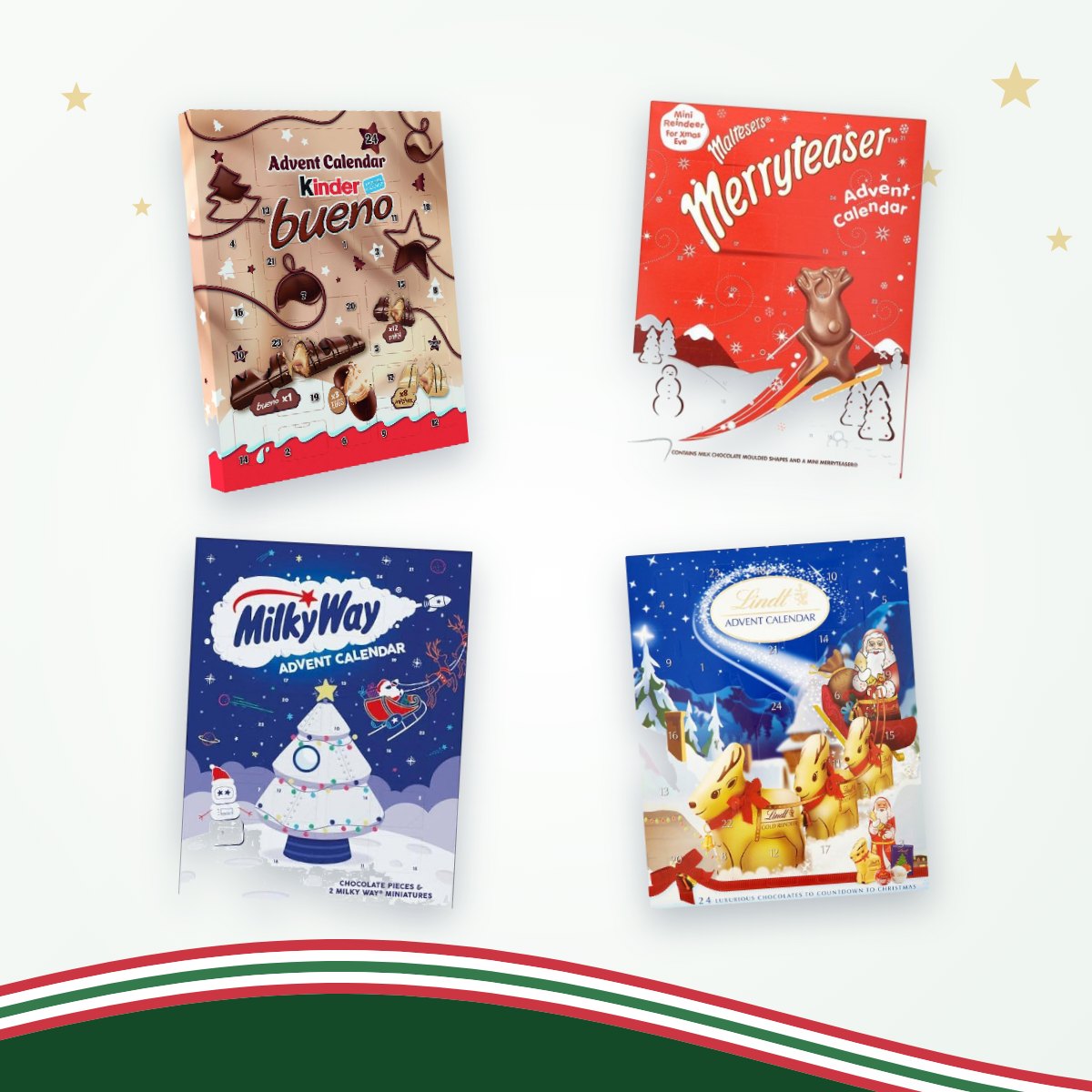 Adventskalenders van Kinder Bueno, Maltesers, Milky Way en Lindt