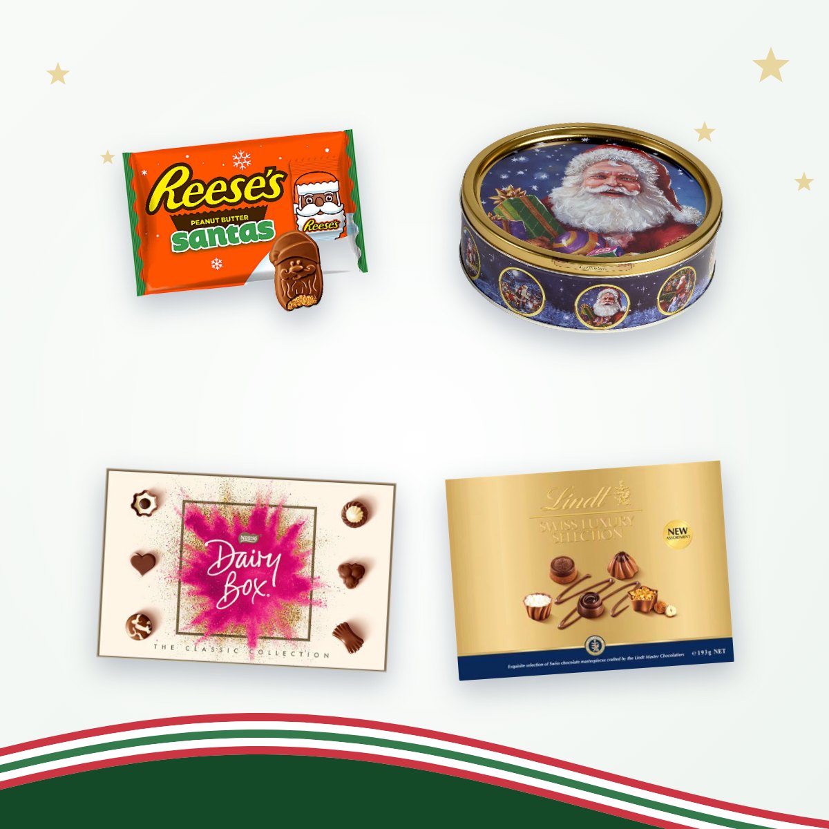 Reese's Santas, Deense kerstkoekjes en bonbons van Dairy Box en Lindt voor de kerstdagen
