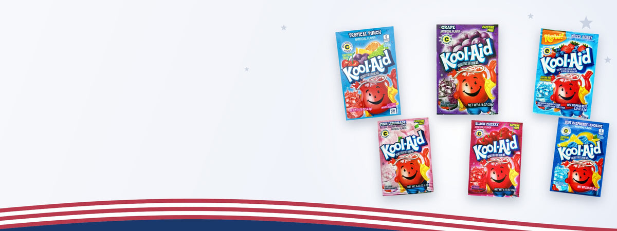 Kool-Aid drink mix in de smaken Tropical Punch, Grape, Mixed Berry, Pink Lemonade, Black Cherry en Blue Raspberry Lemonade