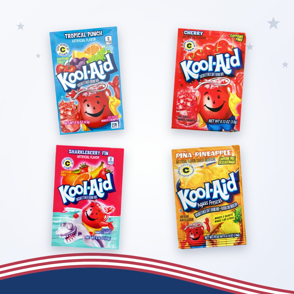 Klassieke Kool-Aid smaken: Tropical Punch, Cherry, Sharkleberry Fin en Pineapple