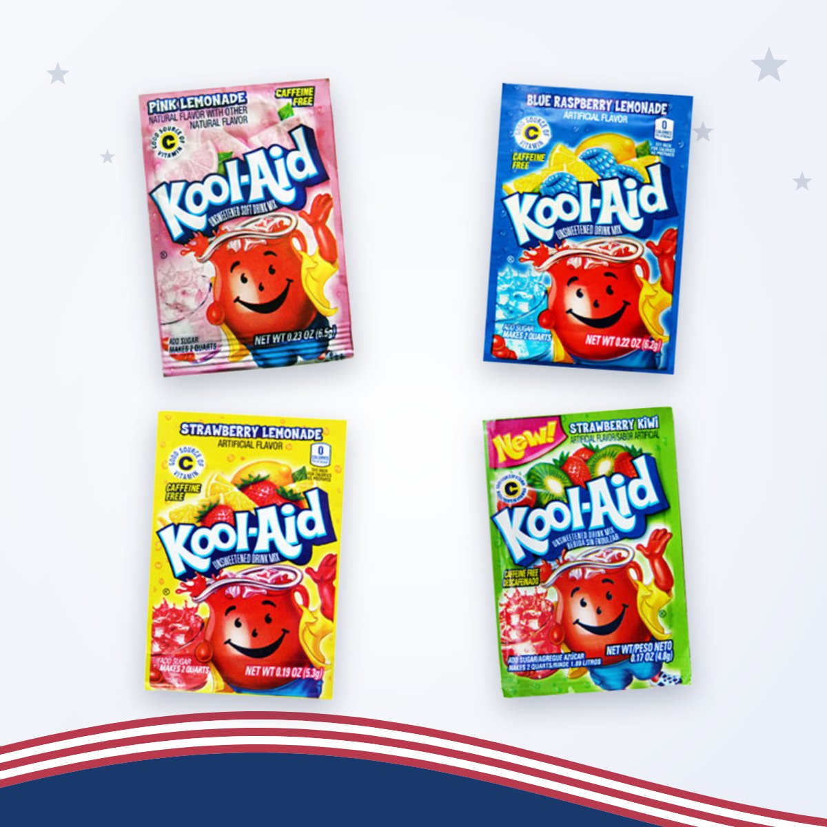 Kool-Aid limonadesmaken: Pink Lemonade, Blue Raspberry Lemonade, Strawberry Lemonade en Strawberry Kiwi
