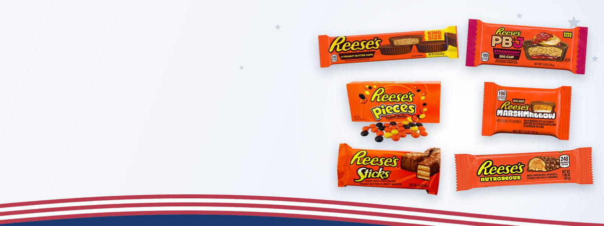 Reese's Peanut Butter Cups King Size, Reese's Pieces, Reese's Sticks, NutRageous, Big Cup PB&J en Big Cup Marshmallow