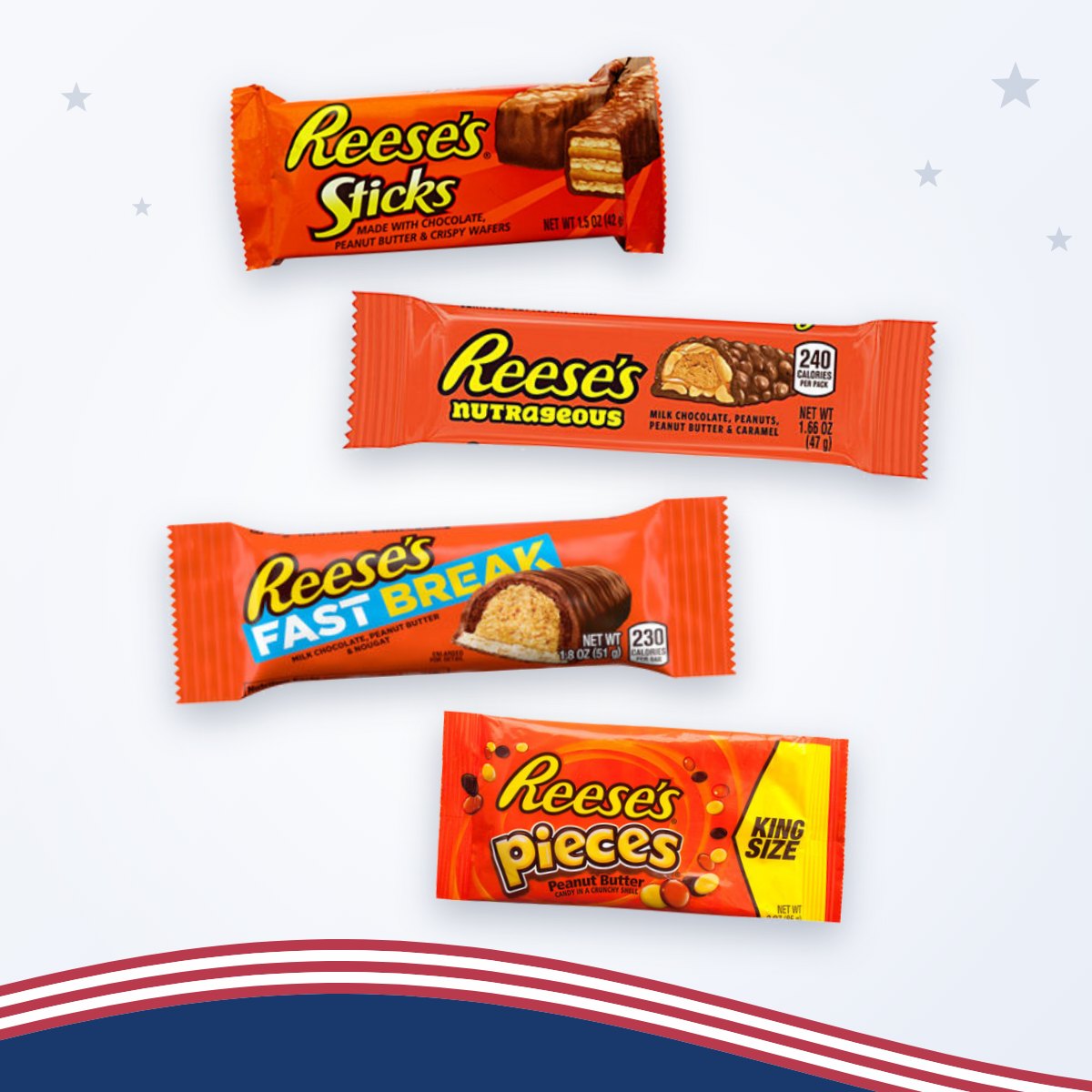 Reese's repen en Reese's Pieces: Sticks, NutRageous, Fast Break en Reese's Pieces King Size