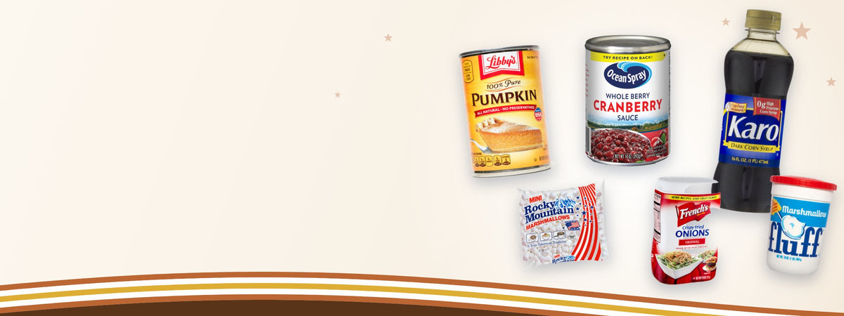 Thanksgiving producten: Libby's Pumpkin, Ocean Spray cranberrysaus, Karo en marshmallows