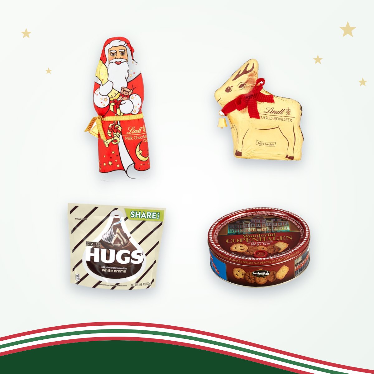 Kerstattentie voor collega's: Lindt Santa, Lindt Gold Reindeer, Hershey's Hugs en Deense boterkoekjes