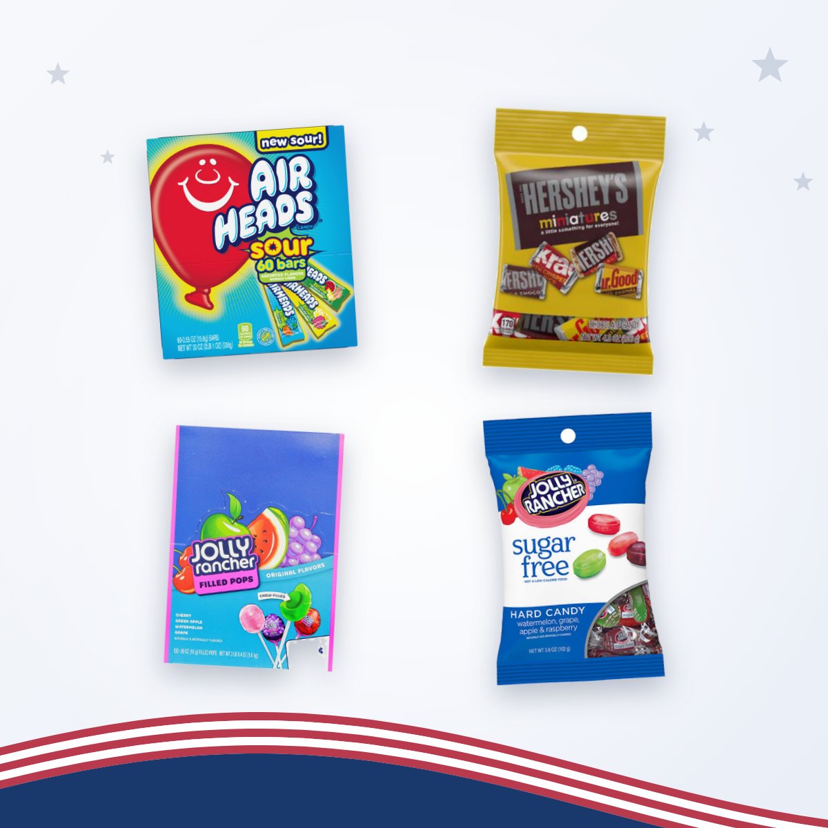 Snoep voor de snoeppot: Airheads 60 Pack, Hershey's Miniatures, Jolly Rancher Filled Pops en Jolly Rancher Sugar Free