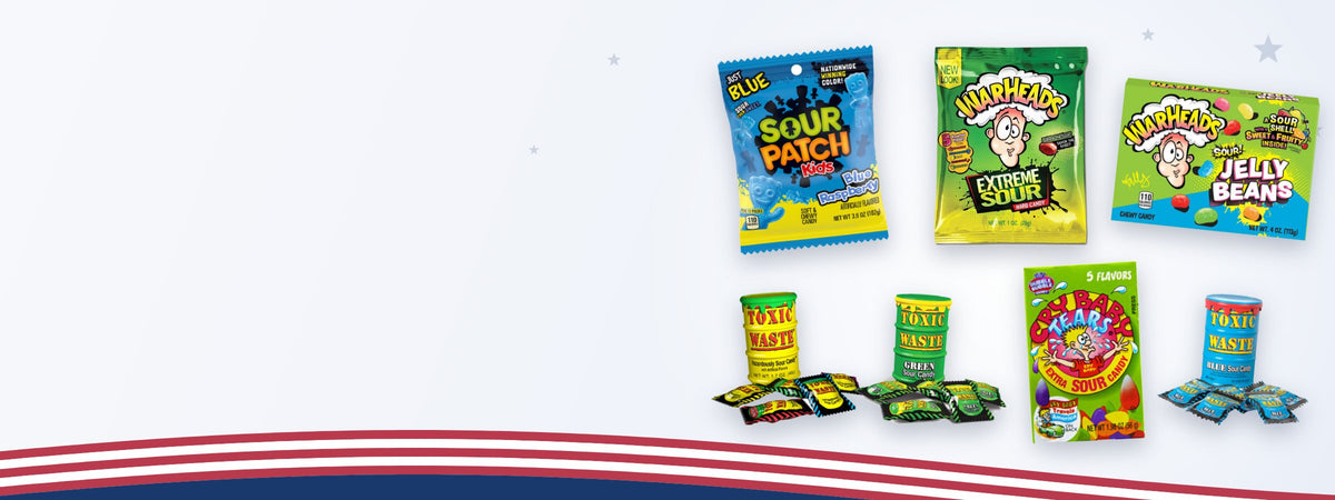 Amerikaans zuur snoep: Toxic Waste Sour Candy Drums, Warheads Extreme Sour, Sour Patch Kids Blue Raspberry en Cry Baby Candy Tears