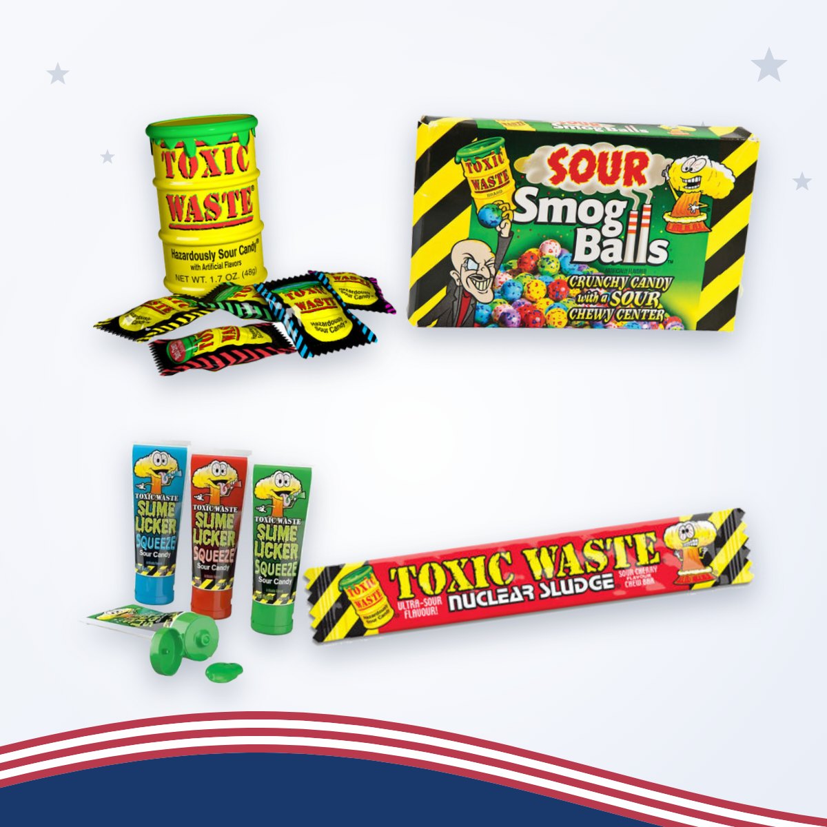 Toxic Waste zuur snoep: Sour Candy Drum, Sour Smog Balls, Slime Licker en Nuclear Sludge