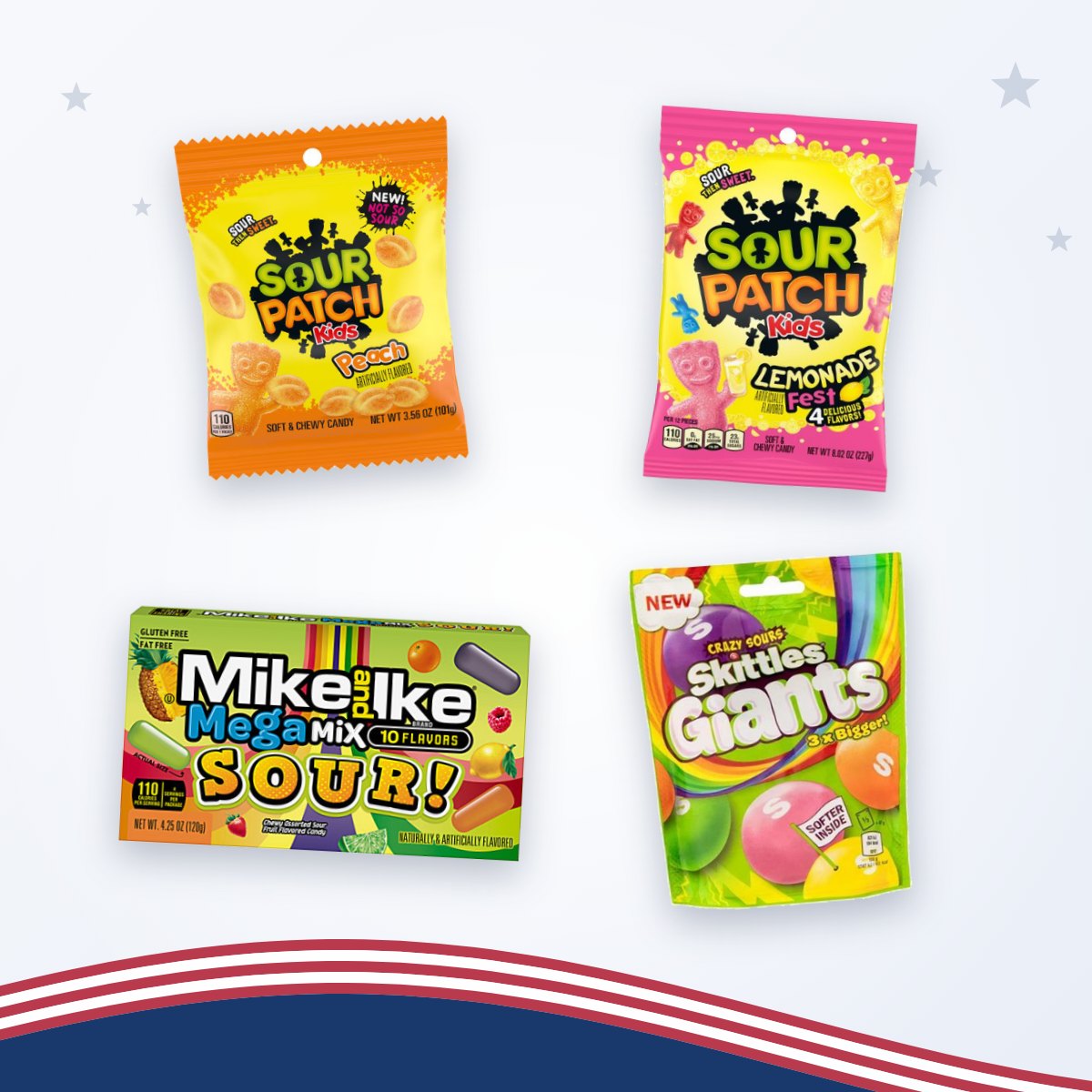 Zuurzoet snoep: Sour Patch Kids Peach, Sour Patch Kids Lemonade Fest, Mike and Ike Mega Mix Sour en Skittles Giants Crazy Sours